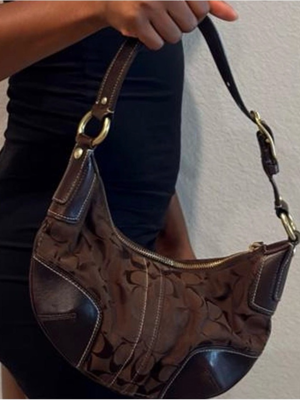 Coach Brown Signature Crescent Hobo with Leather Trim